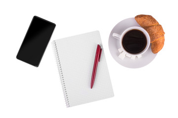Obraz na płótnie Canvas Coffee, telephone, notebook and croissant on white background