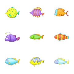 Tropical fish icons set, cartoon style