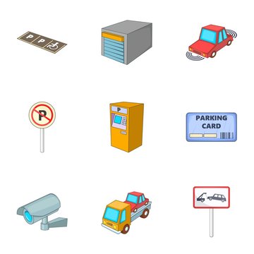 Parking icons set, cartoon style