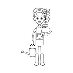 happy female farmer holding plant icon image vector illustration design 