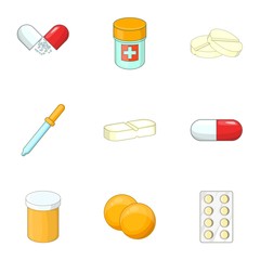 Medications icons set, cartoon style
