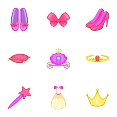 Princess elements icons set, cartoon style