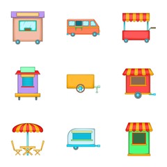 Food truck icons set, cartoon style