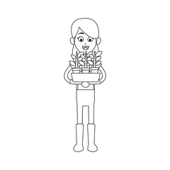 happy female farmer holding plant icon image vector illustration design 