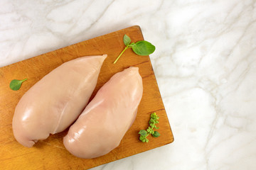 Chicken fillets with fresh green herbs and copyspace