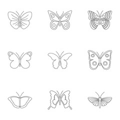 Types of butterflies icons set, outline style