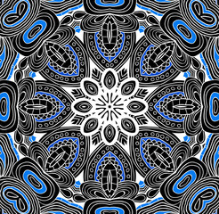 Vector colored floral abstract pattern in black and mint colors. Symmetrical background. 