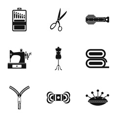 Accessories for sewing workshop icons set