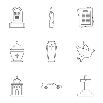 Funeral services icons set, outline style