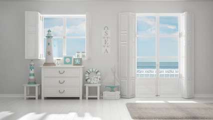Mediterranean white living, windows with sea panorama, summer hotel resort interior design