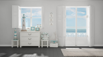 Mediterranean white and gray living, windows with sea panorama, summer hotel resort interior design