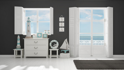 Mediterranean white and gray living, windows with sea panorama, summer hotel resort interior design