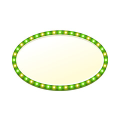 Blank 3d oval retro light banner with shining lights. Green sign with green and yellow bulbs and bright blank space for text. Vintage street signboard. Advertising frame. Colorful vector illustration.