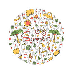 Illustration of a summer holiday in bright colors. Vector doodle illustration. Suitable for printing on clothing and souvenirs