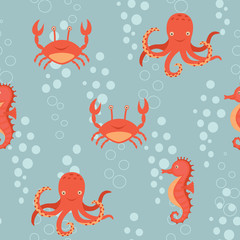 Fabulous nautical pattern with a fun orange sea horse, crab, octopus.