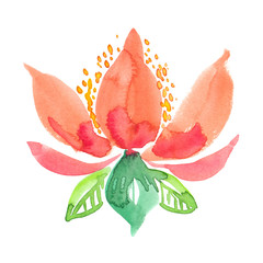 Abstract warm orange flower with yellow pollen and green leaves painted in watercolor on clean white background