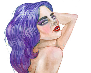 Illustration beautiful model with color hair, made watercolor. on white background