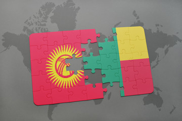 puzzle with the national flag of kyrgyzstan and benin on a world map