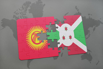 puzzle with the national flag of kyrgyzstan and burundi on a world map