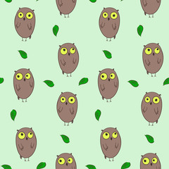 Cute hand drawn pattern with owls and leaves