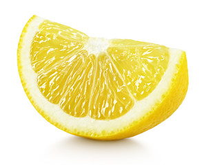 Ripe slice of yellow lemon citrus fruit isolated on white background with clipping path - obrazy, fototapety, plakaty