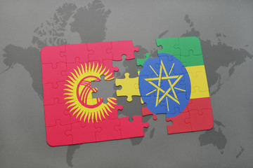 puzzle with the national flag of kyrgyzstan and ethiopia on a world map