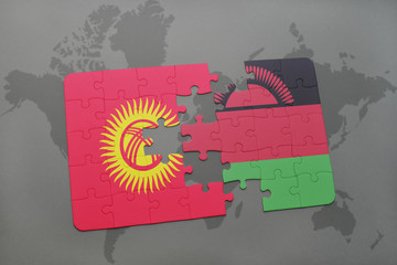 puzzle with the national flag of kyrgyzstan and malawi on a world map