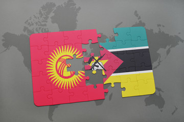puzzle with the national flag of kyrgyzstan and mozambique on a world map