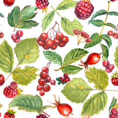 Seamless pattern of watercolor leaves and red berries: rose hips, raspberry, cranberry, hawthorn, redcurrant, stone bramble, strawberry.