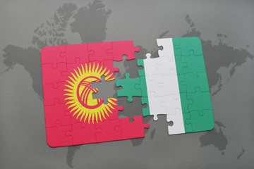 puzzle with the national flag of kyrgyzstan and nigeria on a world map