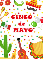 Naklejka premium Cinco de Mayo greeting card, template for flyer, poster, invitation. Mexican celebration with traditional symbols. Vector illustration