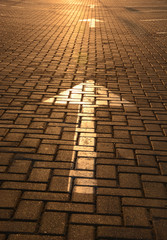 Arrow on a road tile in the rays of the setting sun