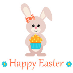 easter cartoon bunny girl with a cake and text
