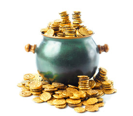 pot full of gold coins on a isolated on white / saint patricks day concept
