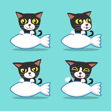 Cartoon character cat with big fish sign