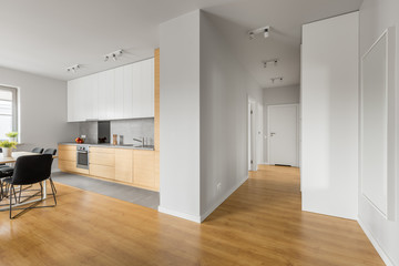 White loft apartment with kitchen