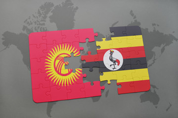 puzzle with the national flag of kyrgyzstan and uganda on a world map