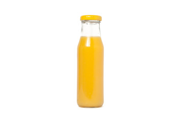 Glass bottle of orange juice. Isolated on white