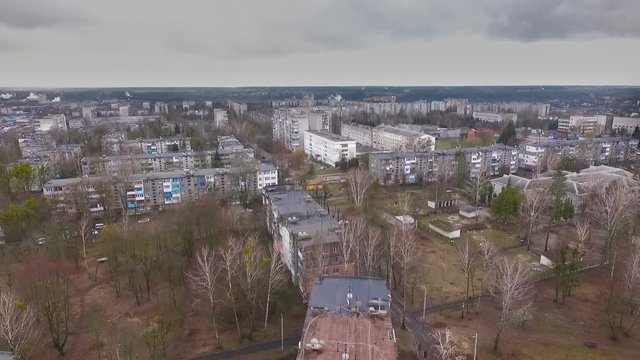 aerial socialist soviet panel buildings at winter