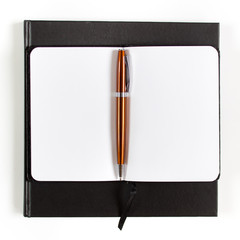 Opened copybook with orange metallic pen on a white background. 