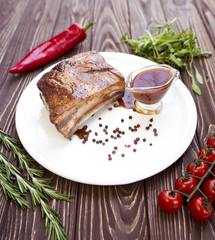 Large portion of pork meat on wooden table