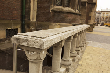 Plaster staircase with balusters near old church