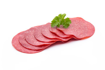 Salami smoked sausage one slice isolated on white background cutout.