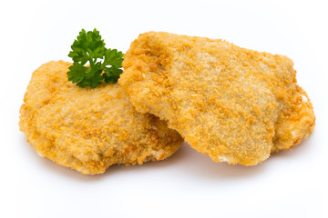 Fried chicken nuggets isolated on white.