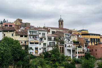 Fototapeta premium Spanish houses in village, Montserrat mountain