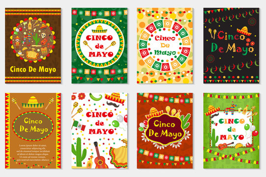 Cinco de Mayo set greeting card, template for flyer, poster, invitation. Mexican celebration with traditional symbols. Collection  with bunting, sambrero, tequila, cactus, maracas. Vector illustration
