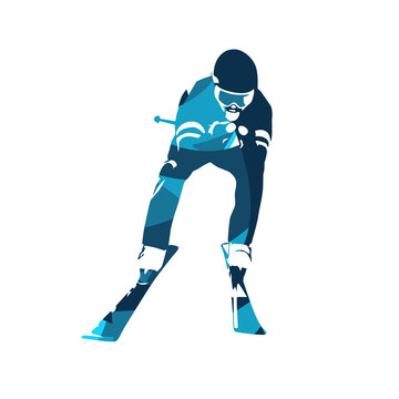 Downhill skier, abstract blue vector silhouette. Front view