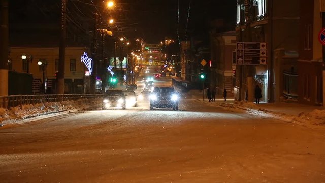 Christmas town in Russia illuminations transport winter frost snow