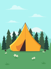 Yellow Camping Tent in Pine Tree Forest with Mountains in the Background. Flat Design Style. 