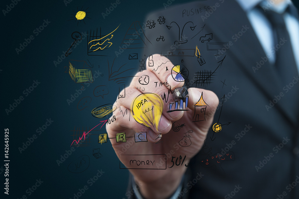 Wall mural busines man hands idea with plan bright background